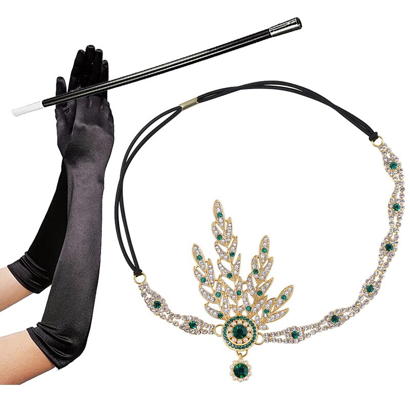 3pcs/set 1920s Flapper Great Gatsby Accessories Set Leaf Medallion Pearl Headband Black Gloves Cigarette Holder Costume
