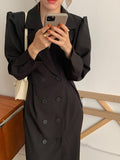 Notched Lapel Double Breasted Blazer Dress Elegant Office Lady Long Sleeve Vintage Belted Midi Dress