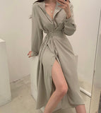 Women Single Breasted Midi Lace Up Slim Solid Shirt Dress Long Sleeve Elegant Vestidos Femme