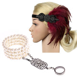 1920s Flapper Feather Headband and Pearl Bracelet Roaring 20s Great Gatsby Party Wedding Headpiece Hair Accessories Set
