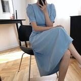 Short Sleeve Dresses Women Sexy Solid Casual A-line Square Collar High Waist Elegant Korean Style Vintage Chic Office Sundress
