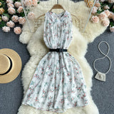 Beach Chiffon Floral Summer Dress Round Neck Sleeveless Casual Mini Dress With Belt