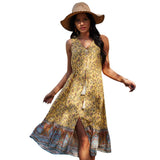 Holiday Style Sleeveless Print Women Casual Loose High Waist V Neck Long Beach Dress