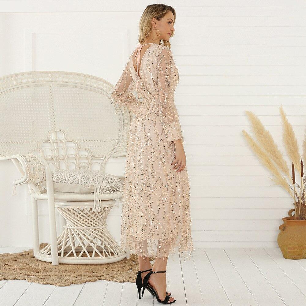 Party Dress V-Neck Long-Sleeve Cocktail Dress Apricot Tassels Sequin Woman's Formal long Dress Sexy V-Back