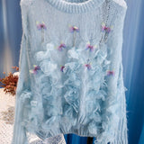 Women Long Sleeve O-Neck Thin Beading Sweet Floral Sweater Pullovers Streetwear