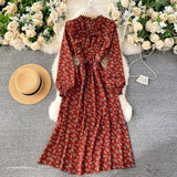 Women Casual Autumn Lady  Vintage Floral Printed Chiffon Shirt Dress Long Sleeve Bow Midi Spring Summer  Vestido