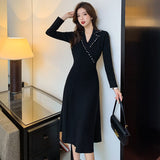 Women Elegant Notched Collar Sweater Suit Dress Long Sleeve Slim Waist Female A-Line Knitting Dress 2021 OL Vestidos