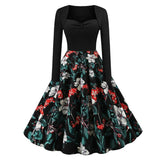 Multicolor Floral Print Sweetheart Neckline Long Sleeve Midi Autumn Vintage Style A Line Swing Dress