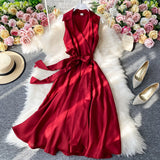 Summer Elegant Shirt Dress Summer Single Breasted Belt Short Sleeveless  A Line Casual Satin Dresses For Women