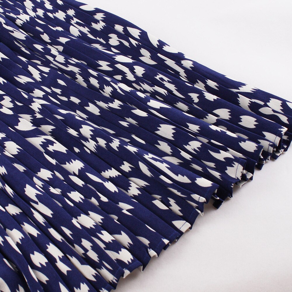 Short Sleeve Bow Neck Button Belt Blue Print Elegant Pleated Dress Party Streetwear