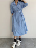 2021 Spring Autumn Elegant Women Midi Shirt Dress With Belt Long Sleeve Casual Loose Office Lady Work Clothes Vestidos