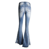 Blue Denim Skinny Jeans Woman High Waist Embroidery Side Vintage Flare Jeans Frayed Hem Streetwear