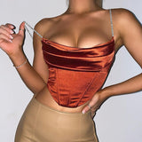 Crystal Straps Satin Corset Pleated Ruched Night Club Party Crop Top Camisoles