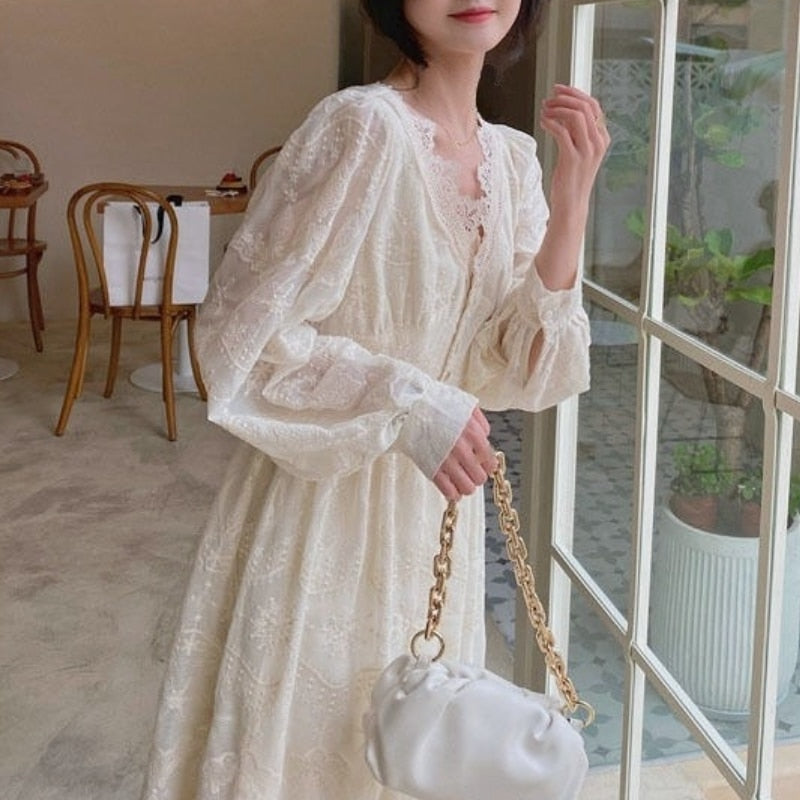 Korean Fashion Vintage Midi Dress Party Long Sleeve Sweet Y2k Dress Lace Design 2021 Autumn Evening Elegant Dress Women Casual