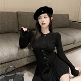 Winter Kawaii Knitted Sweater Dress Women Korean Fashion Sweet Party Mini Dress Female Sexy Solid Pleated Designer Dress 2021