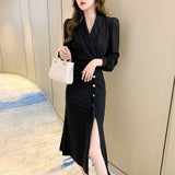 Women Elegant Office Dress V-Neck Buttons Long Sleeve Slim Dress Autumn Female Midi Vestidos