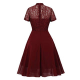 2021 Burgundy Lace and Chiffon A Line Vintage Ladies Swing Dresses Office OL Elegant Party Women Short Sleeve Summer Dress