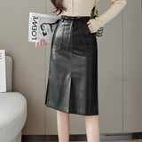 High Waist Pencil Skirts Women Korean Style All-match Vintage PU Leather Ladies Knee-length Skirt