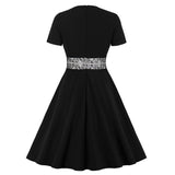 Black Women Lace Patchwork Short Sleeve Robe Pin Up Swing High Waist Office Ladies Dresses