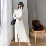 Women Elegant Sweater Dress Female Fashion Casual Loose Turtleneck Solid Pullover Femme Autumn Winter Knitted Split Dress