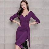 Autumn Women Vintage Elegant Office Lady V-Neck Vestidos Business Waistbelt Bodycon Slim Dress