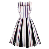 Retro Style Square Neck Striped Contrast Mesh Elegant Sleeveless Cotton Knee Length Plus Size Dress