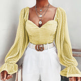 Polka Dot Crop Top Blouse Women Mesh Tees Lantern Sleeve Ruched Vintage Shirt