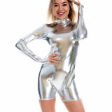 Shiny Holographic Women Playsuits Back Zipper Turtleneck Long Sleeve Wet Look Metallic Bodysuits Skinny Party Club Playsuits