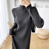 Women Casual Thicken Sweater Dress Half High Collar Full Sleeve Female Knitted Dress Midi Pullovers Jumper Dress