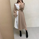 Office Color Block Collared Shirt Dress Spring Autumn Clothes Long Sleeve Midi Dress