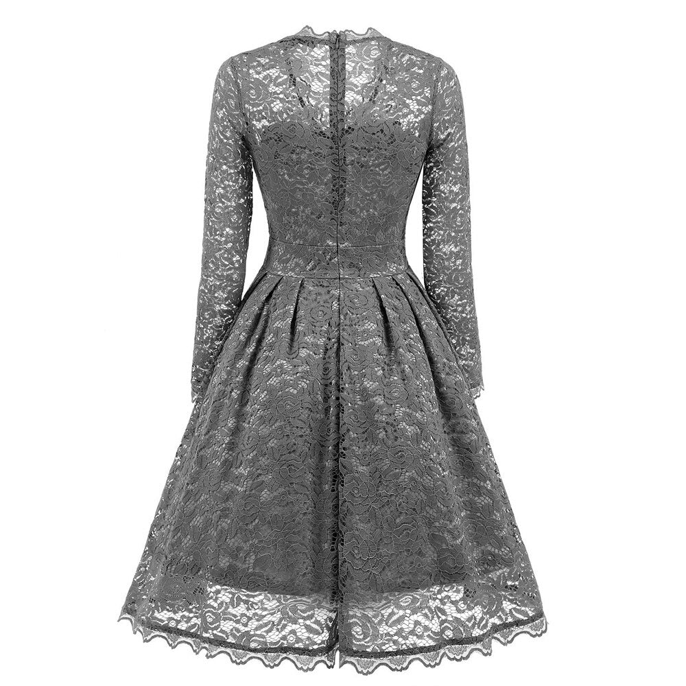 Lace High Waist V Neck Long Sleeve Robe Pin Up Swing Evening Party Dress