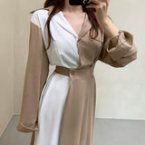 Office Color Block Collared Shirt Dress Spring Autumn Clothes Long Sleeve Midi Dress