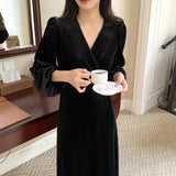 Women Elegant V-neck Velvet A-Line Dress Puff Sleeve Female Ankle-Length Dress Vestidos