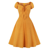 1950s Yellow Polka Dot Casual V Neck High Waist Short Sleeve Robe Pin Up Swing Retro Vintage Dress