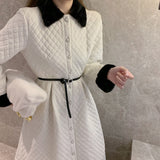 Women Elegant Single-Breasted Thicken Cotton Dress 2021 Autumn Winter Belted Female Patchwork A-Line Fashion Vestdios