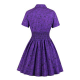 Notched Collar Shirred High Waist Cat Print Purple Mini Short Sleeve Summer Vintage Dress