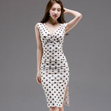 Summer Women Sleeveless Office Lady Clothes Female High Waist Bodycon Slit Knee-Length Sexy Dot Dresses