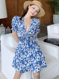 Summer Women Floral Wrap Dress Off Shoulder Tie Up Front  Mini Dress Summer Vacation Clothes