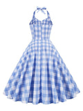 Vacation Women Summer Sexy Backless Party Halter Neck Blue Plaid 50s High Waist Vintage Ladies Dresses