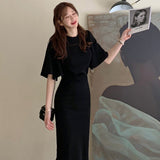 Dresses For Women 2021 Summer Flare Sleeve Solid Knit Bodycon  Office Lady Casual Midi Shirt Dresses