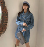 New Arrival Spring Women Denim Dresses Casual Long Sleeves Slim Waist Vintage Solid Vestido