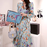 Women Elegant V-neck Midi Ruffle Dress 2021 Autumn Female Puff Sleeve Casual Pringting A-line Ladies Vestidos