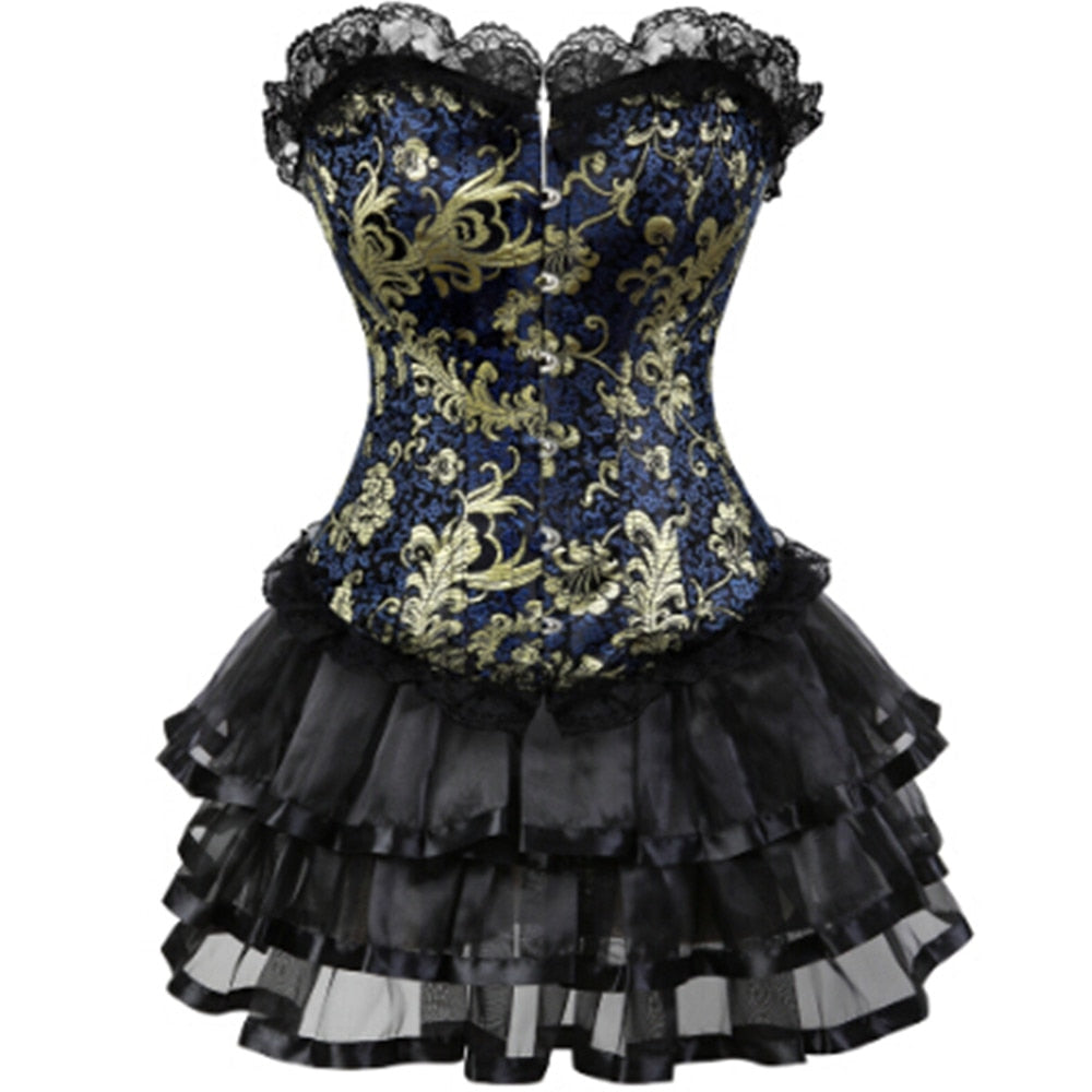 Gothic Gold Jacquard Corset Lace up Overbust Corsets Halloween Costume cosplay Dress Tutu Skirt Petticoat Showgirl Dance Dress