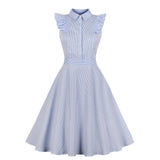 Blue Striped Shirt Ruffle Sleeve High Waist Robe Pin Up Swing Elegant Office Ladies Dress