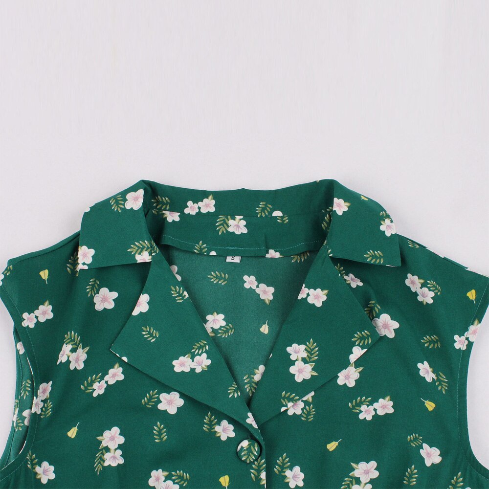 1950s Green Floral Print Turn Down Collar Sleeveless High Waist Robe Pin Up Vintage Dress