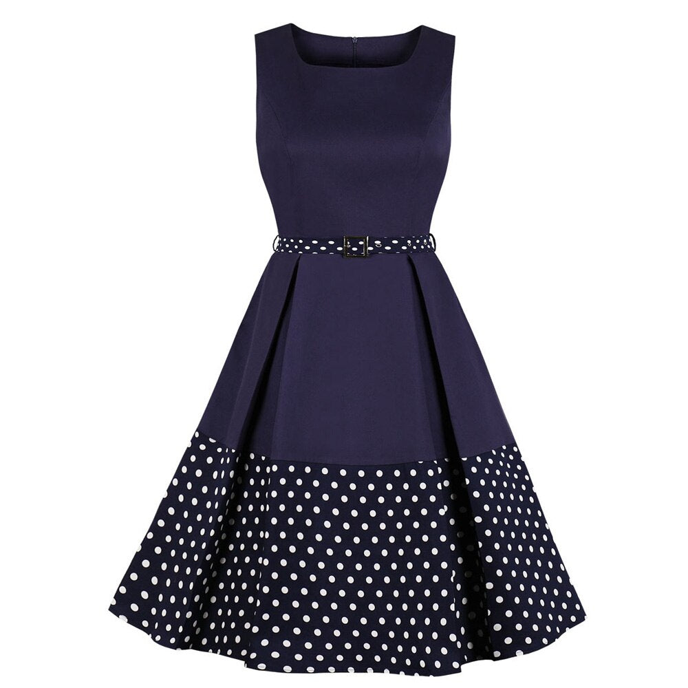 Summer Women Sleeveless Patchwork Robe Pin Up Swing Office Wear Ladies Dresses With Pockets