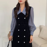 Women Autumn French Elegant Dress Patchwork Lapel Chic Double-Breasted Belt Lantren Sleeve Vestidos