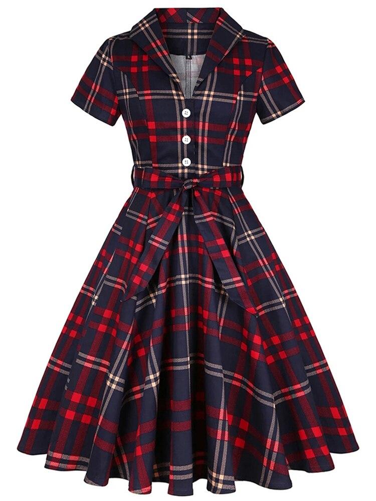 Autumn Swing Cotton Blue Red Plaid Rockabilly Dress 50s 60s Short Sleeve Office OL Women Summer Retro Vintage Dress with Belt