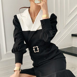 Autumn Women Patchwork Dress Long Sleeve Double Breasted Belted Female Suit Dress Ladies Vestidos