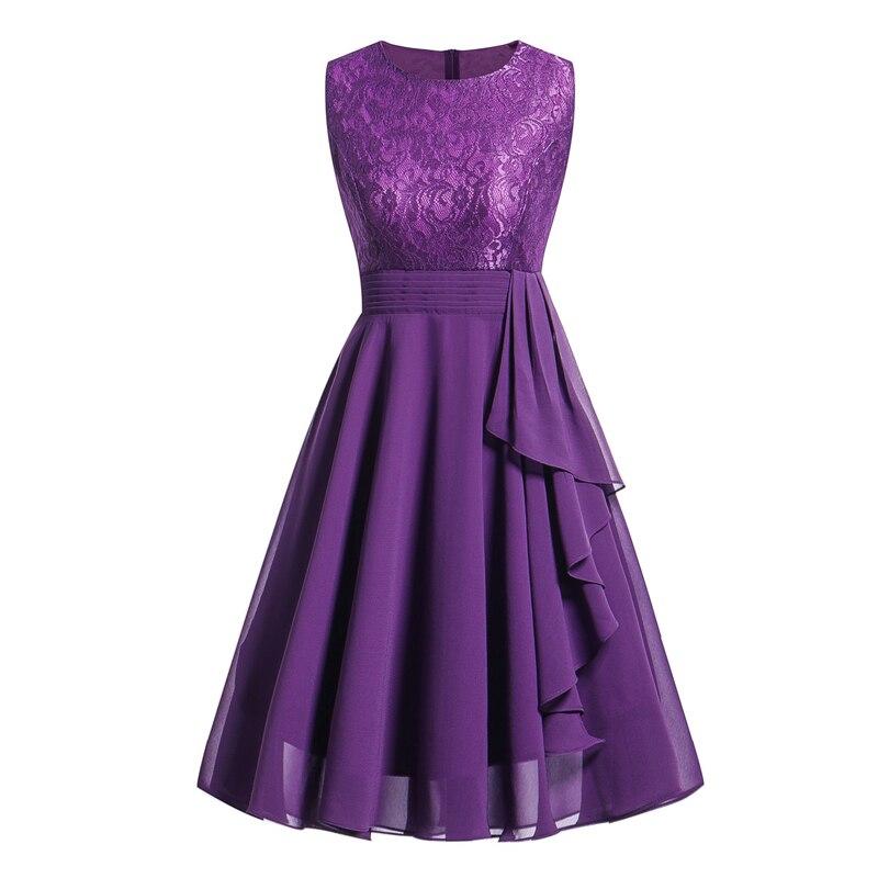 2021 Lace and Chiffon Elegant Peplum High Waist Purple Swing Dresses for Women Sleeveless Party Robe Female A Line Dress